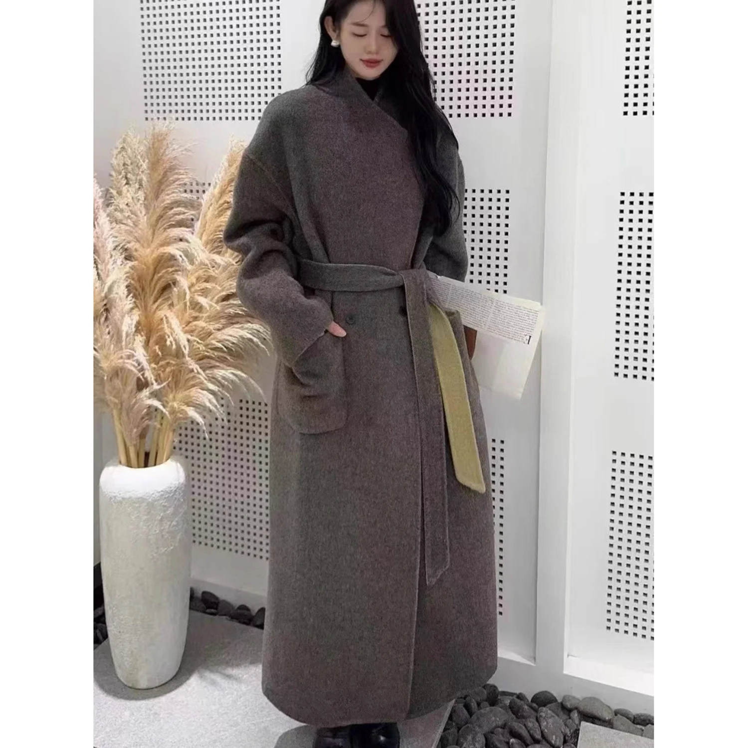 Allingentle Luxury Women's Long Blazer Woolen Color-Blocking Design Jacket for Cocktail Party Daily Casual Outfits Customize