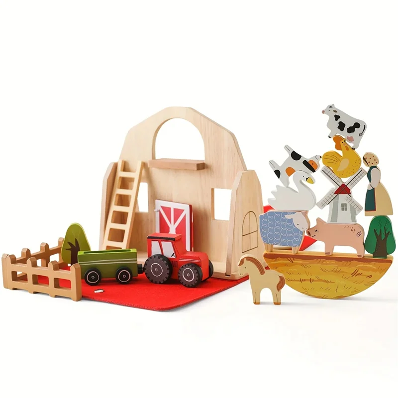 YSUN-18Pcs animales de granja granero de madera Montessori apilamiento para niños pequeños granero rojo granja juego de simulación regalo de cumpleaños