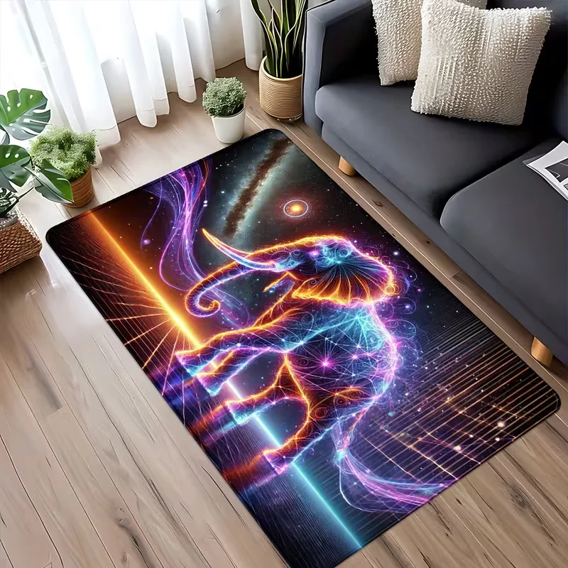 Neon Galaxy Glowing Elephant Space Area Rug Non Slip Floor Mat Cosmic Starry Nebula Wireframe Animal Print Soft Carpet