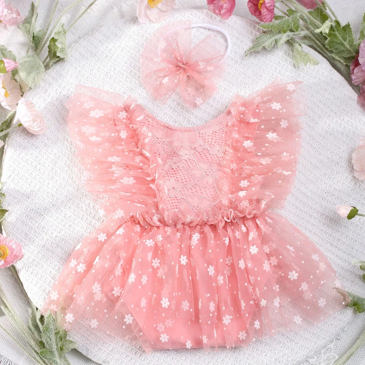 Ylsteed Pink Snow Print Newborn Photography Outfits Girl Infant Mesh Lace Romper with Bow Headband Newborn Photo Shoot Props