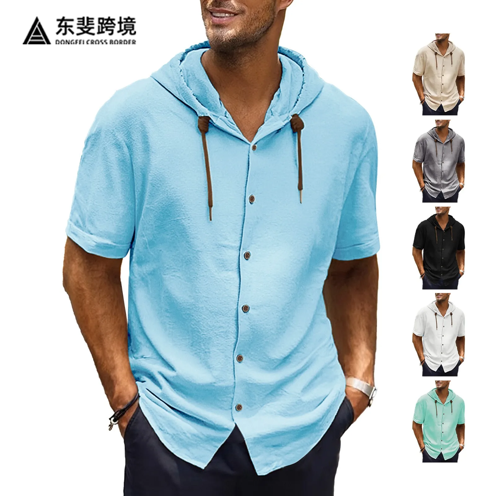 

Men's Shirt Lightweight Loose Fit Shirts Button Front Brown Drawstring Casual Shirt Asymmetrical Hem Short Sleeve Linen Shirt