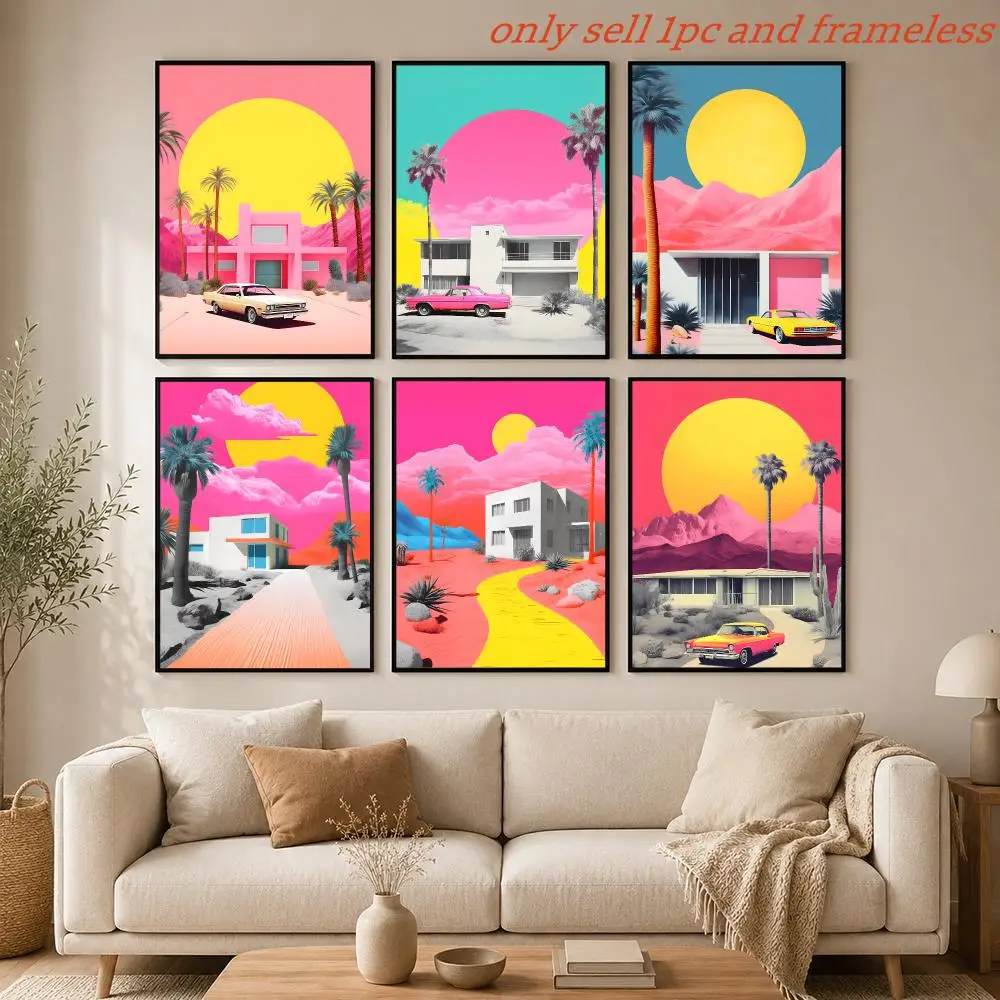 California Sunset Landscape Collage Poster Mural HD Wall Decals for Bedroom Living Room Home Self-Adhesive Decor Gift