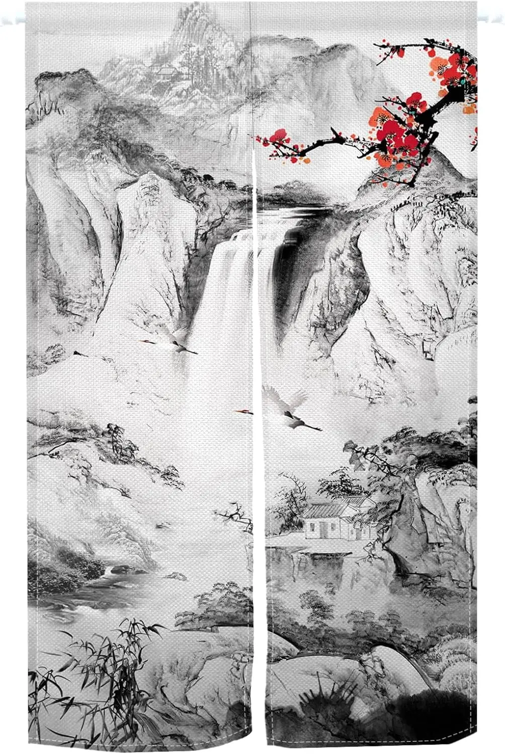 Ink Wash Mountain Landscape Door Curtain, Plum Blossom with Waterfall Pattern, Waterproof Washable Noren Curtain for Living Room