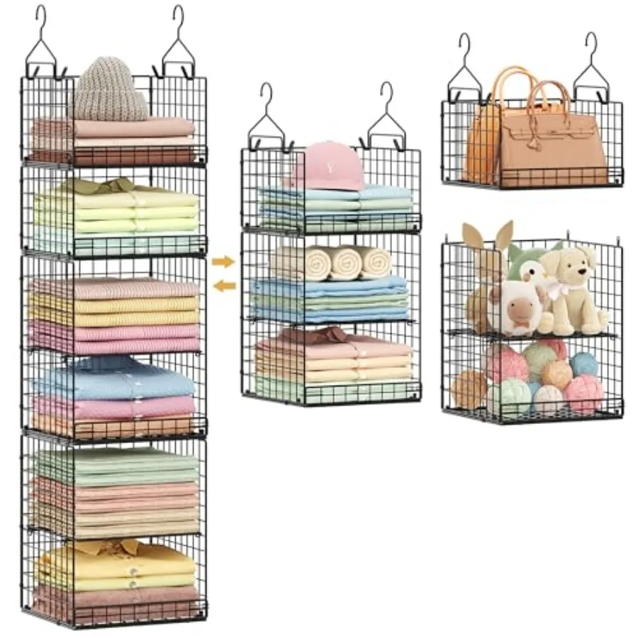 

6-уровневые подвесные органайзеры для шкафа и стеллажи для хранения, складные подвесные полки с 4 крючками, 2 регулируемыми разделителями, проволочные системы хранения B