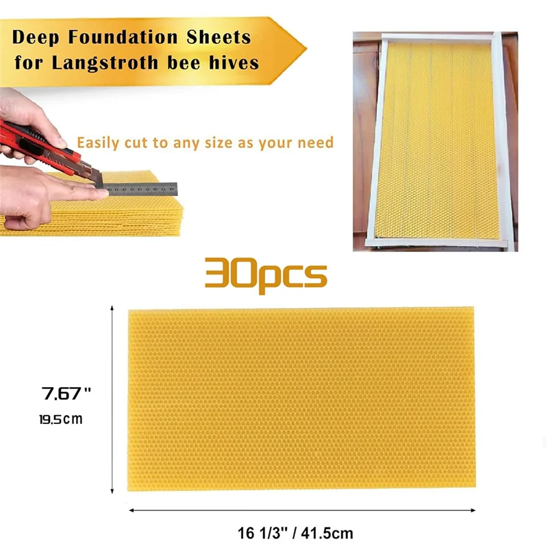 

30Pcs Bee Hive Foundation Sheets, Deep Beeswax Foundation Sheets For Bee Frames Beekeeping Tool 41.5X19.5Cm-A74P