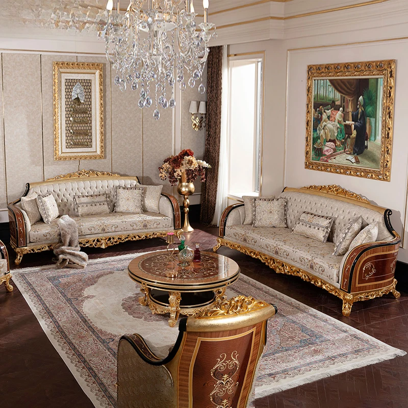 !@European Antique Royal Style Living Room Wooden Combination Sectional Sofa Classic Furniture Luxury 7 Seater Sofa Set