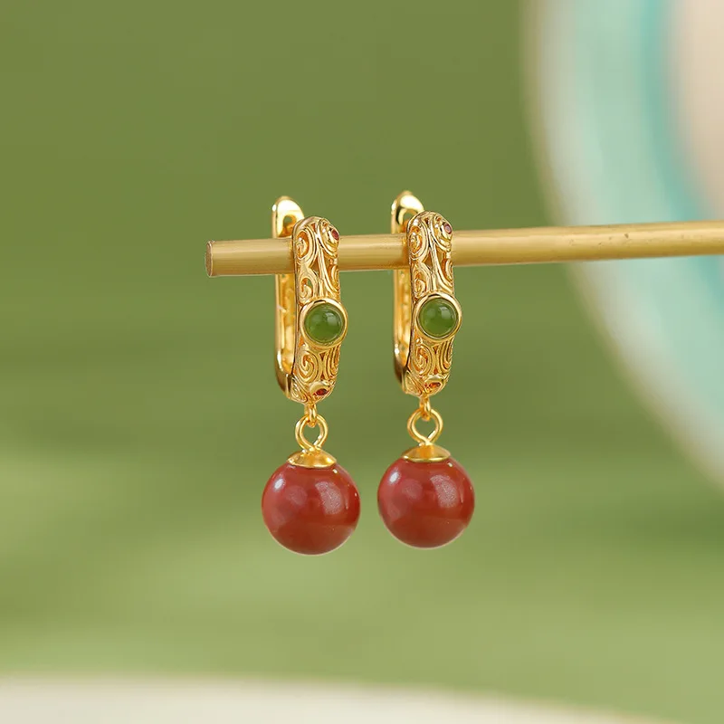 S925 Sterling Silver Gold-Plated Hetian Jade Imperial Sand Round Bead With Scroll Pattern New Style Ear Clip