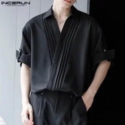 INCERUN Men Shirts Solid Color Lapel Short Sleeve Pleated Casual Men Clothing Streetwear Summer 2024 Korean Fashion Shirts S-5XL