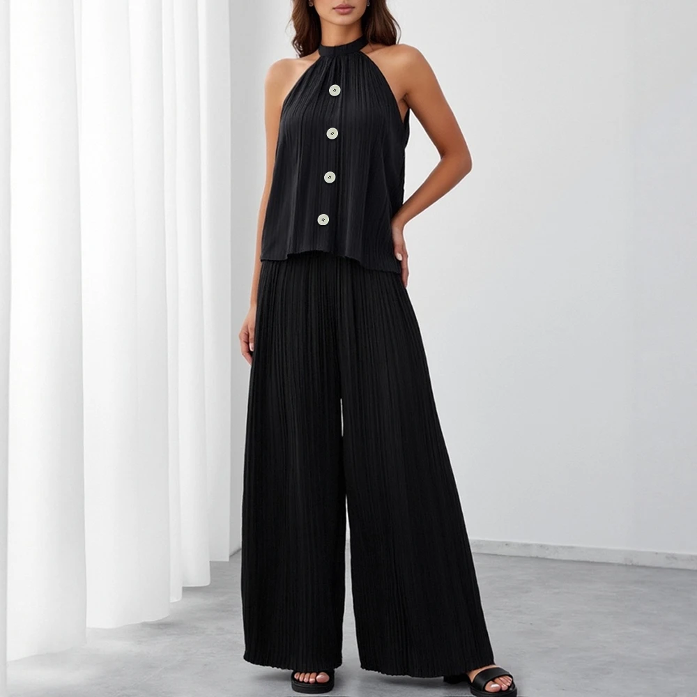 

Mia Muse Women's Sets Summer Basics 2025 Plain Sleeveless Crew Neck Button Natural Waist Full Length Casual Sets