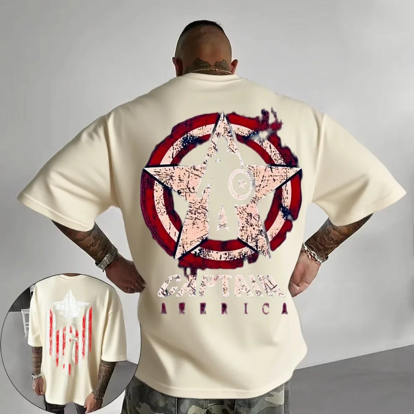 Marvel's 2026 nuevo Capitán América escudo de moda retro estampado cómico versión larga camisa holgada de algodón puro para hombres