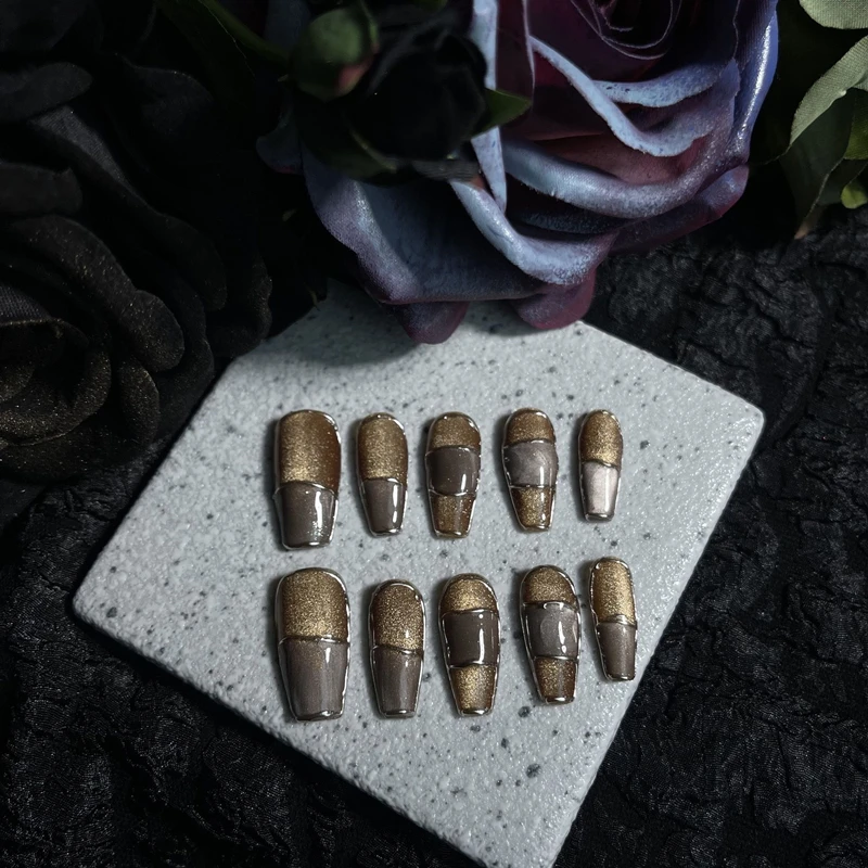 10Pcs Golden Handmade Press On Nails Wearable False Nails Full Cover Glitter Cool Decoration Manicure Fake Nails French Tips Art