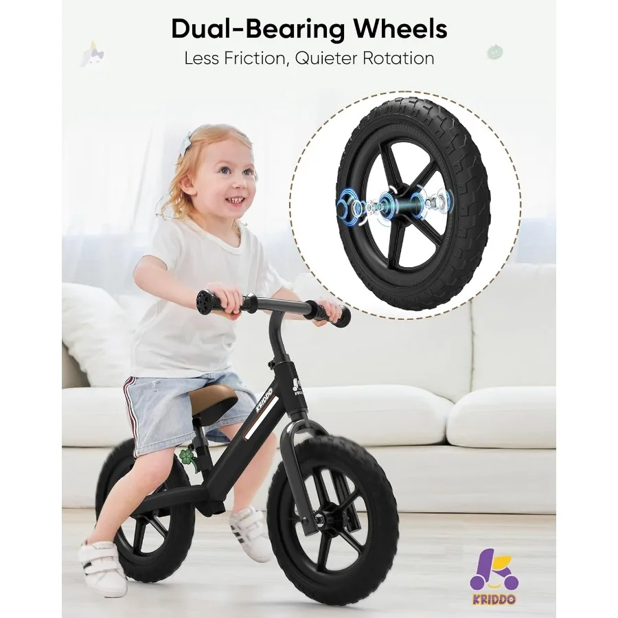 Bicicleta de equilíbrio para crianças de 2 anos, bicicleta de equilíbrio para 2 a 5 anos, rolamento duplo para passeios mais suaves, placa adorável, assento ajustável