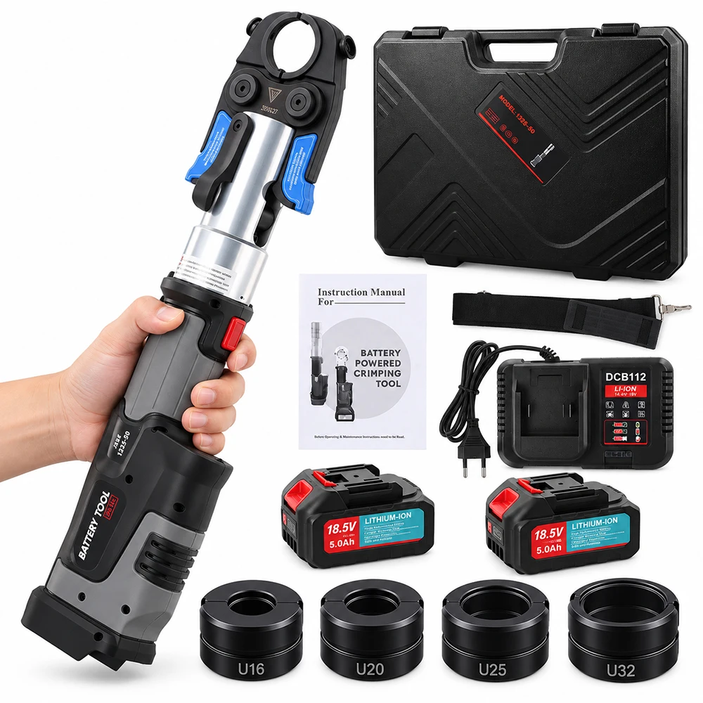 Podofo Elektrisches Rohrpresswerkzeug-Set mit 4 Pressbacken, Profi-Presswerkzeug für Kupferrohre und Edelstahlrohre U16/20/25/32mm, 2 Stück, 5 Ah Akku und Ladegerät, Tragetasche