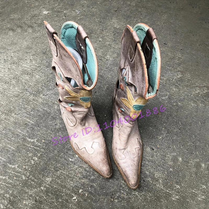 

Retro Pink Embroidered Western Cowboy Boots for Women Spring Summer New Hollow Pointed Toe Thick Heel Leather Short Boots
