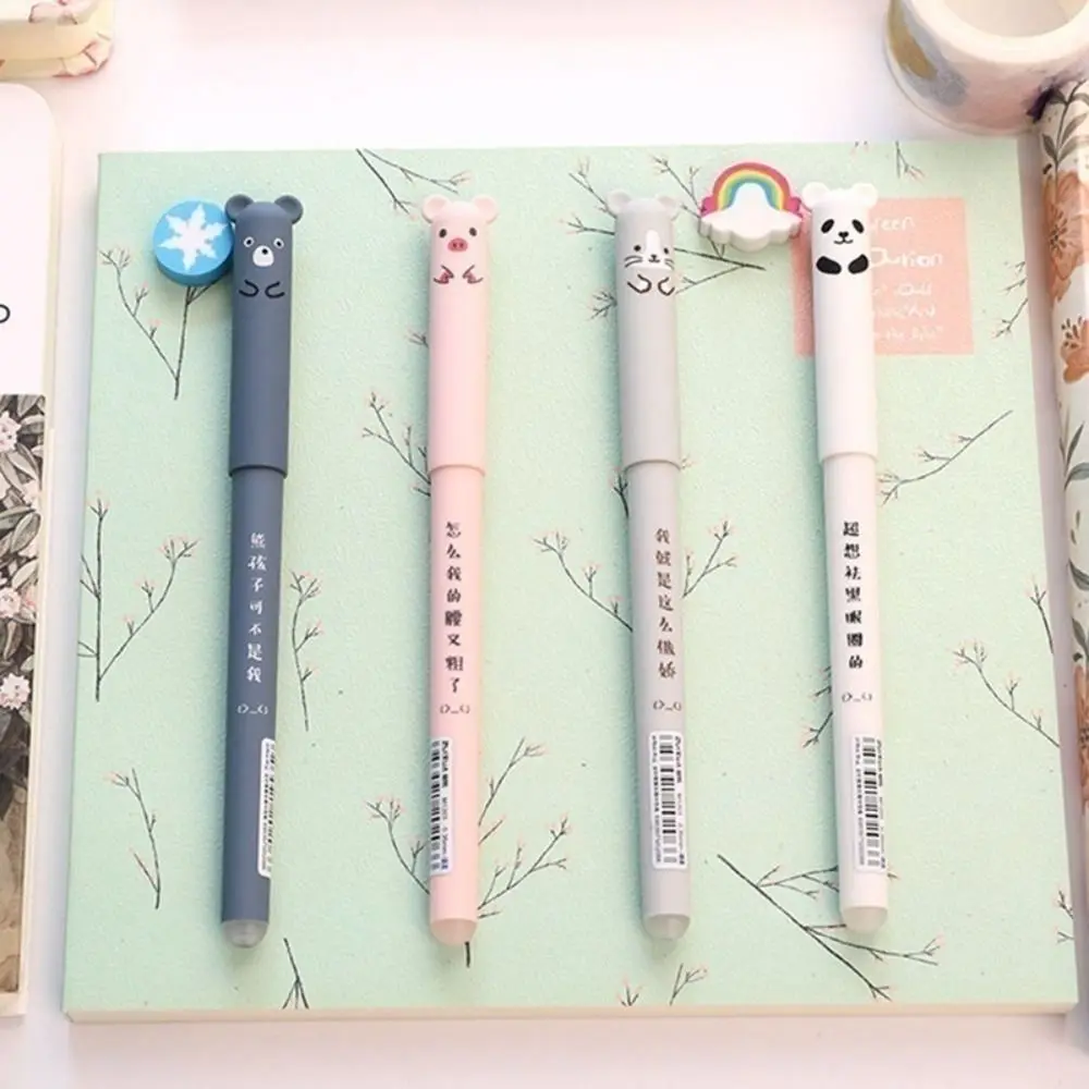 4pcs 0.35mm Cartoon Animals Erasable Pen School Writing Novelty Stationery Gel Pens Slim Blue Ink Neutral Pen Back To School