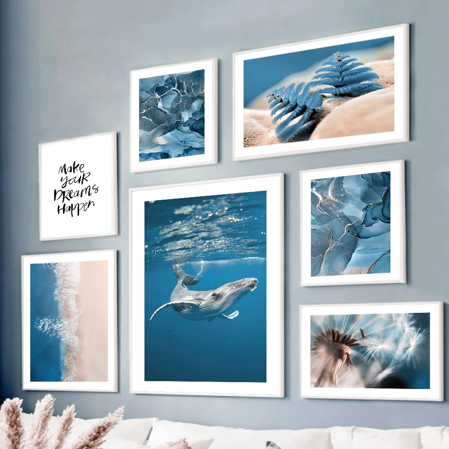 Minimalist Blue Coastal Whale Gallery Wall Art, Ocean Beach Nature Canvas Poster Prints, Living Room Home Decor & Perfect Gifts