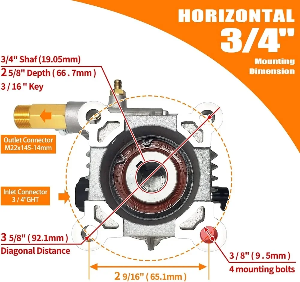 신형 2400-2800 PSI 압력 세척기 펌프 교체품, 3/4인치 샤프트 수평 펌프 (파워 워셔용)
