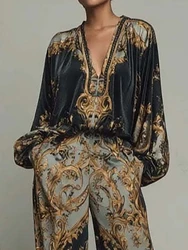 Femme Long Sleeve V Neck Top 2PC Pants Suit Elegant Women Velvet Patchwork Print Casual Tracksuits 2026 Spring Autumn Pants Suit