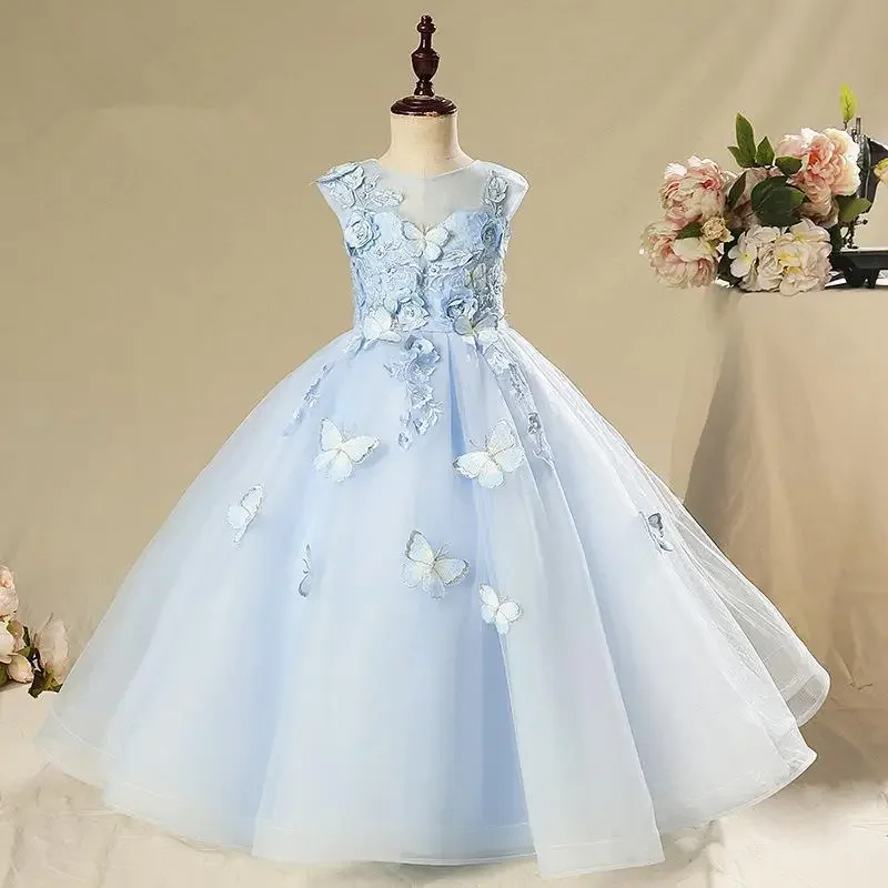Children Flower Girl Wedding PartyPerformance Outfit Kids Formal Dress Sky Blue Tulle Princess Gown Host Model Pageant Piano