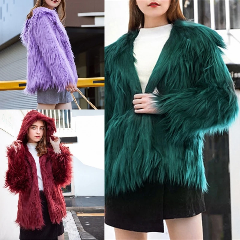 Fashionable Furry Hooded Jackets Long Sleeve Oversized Top Fuzzy Fabric Stylish Outfit Women's Hooded Winter Warm Coat