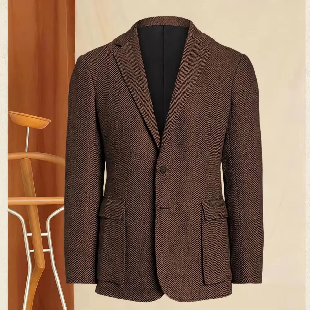 Men's Herringbone Tweed Blazer Classic Retro British Style Slim Fit Suit Jackets Single-Breasted Men Sport Coats Blazer