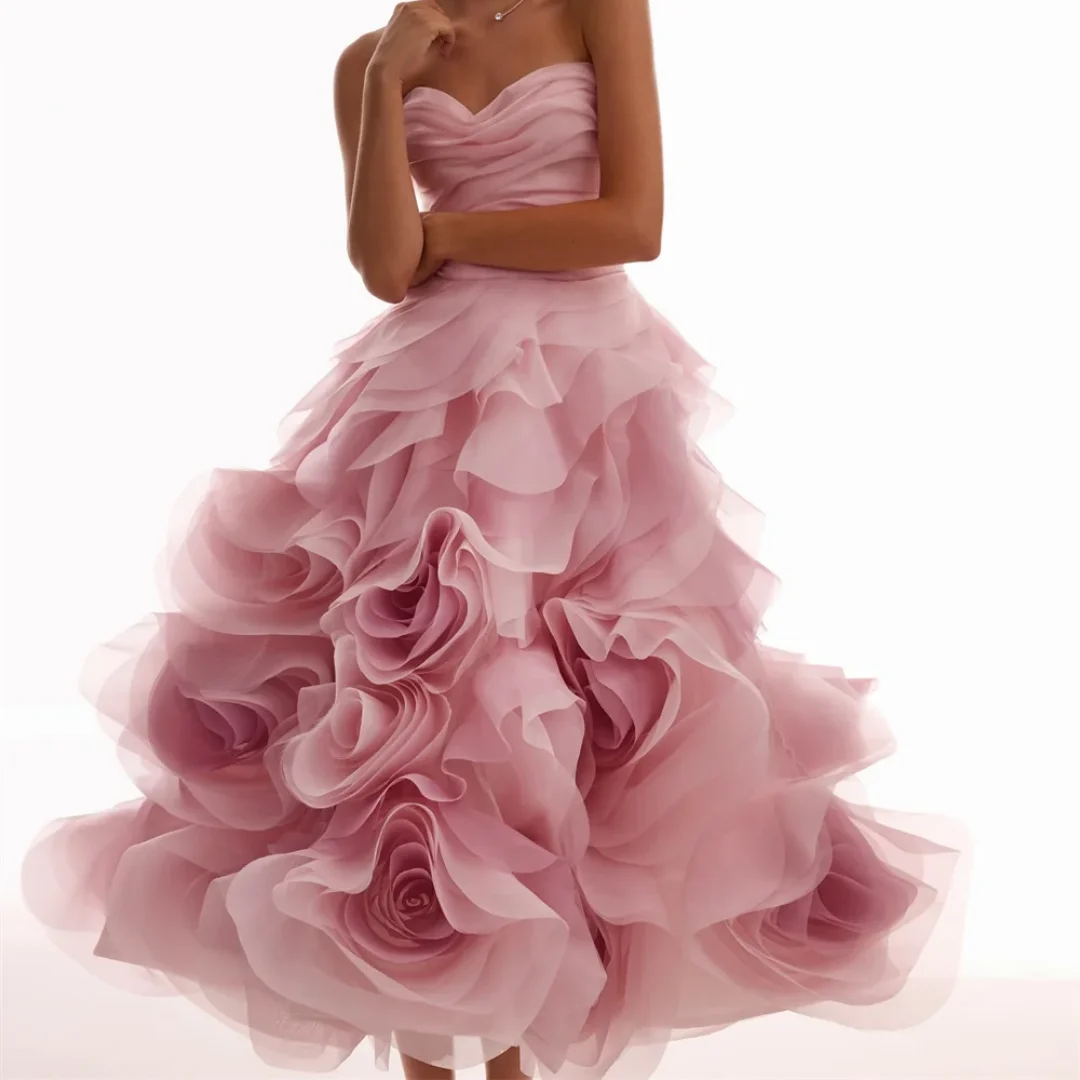 

Flower Tiered Ruffle Ball Gown Prom Dresses Ankle-Length vestidos de noche Strapless Sleeveless Formal Evening Customized