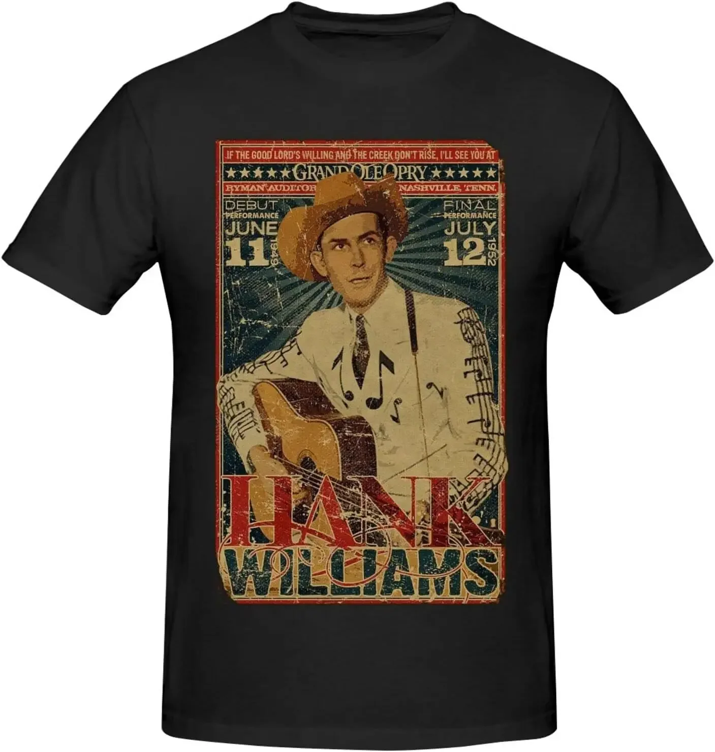 Hank Music Williams T-Shirt Short Sleeve Shirt Neck Casual Top Basic Crew Classic Fashion Black