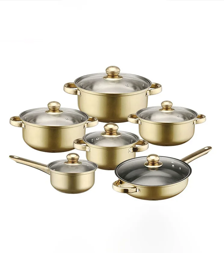 

Gold-Plated Handle,Stainless Steel Non-Stick Pot, Double Bottom, Soup Pot, Milk Pot, Frying Pan Combination Set, 12 Pcs