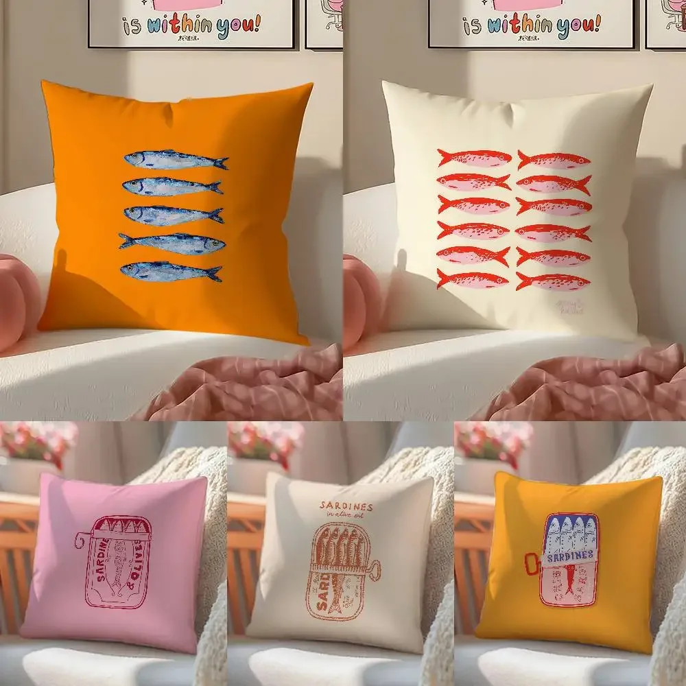 Niedlicher Kissenbezug mit Küstenanhänger, SardineS, Anti-Dustmite-Kissenbezug, unsichtbarer Reißverschluss, seidiger, kurzer Plüsch-Sofa-Kissenbezug