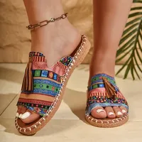 Ethnic Stripe Flat Bottom Anti-Slip Rope Sole Breathable Fabric Upgraded Insole Tassel Slip-On Women's Sandals Comfortable