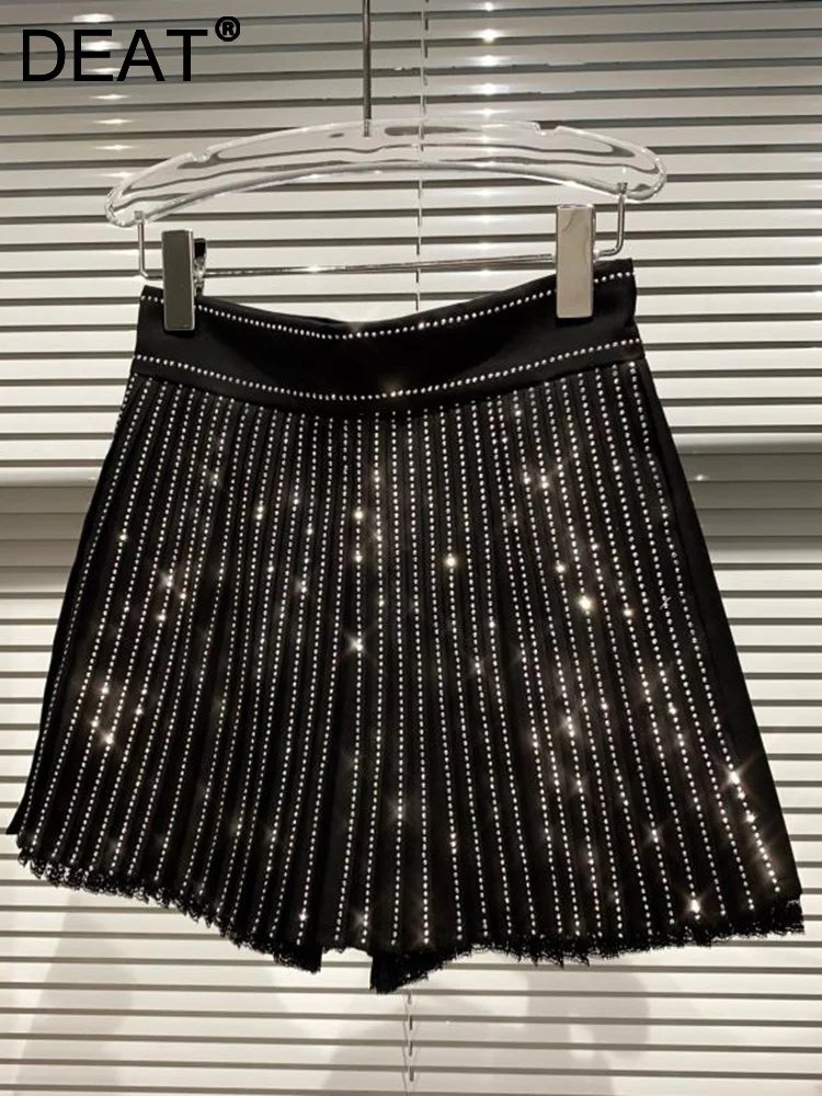 DEAT Fashion Sexy Stripe Shiny Rhinestone High Waist Short Pants Women Pleated Wide Leg Shorts Skirts 2024 Summer New 11XX088