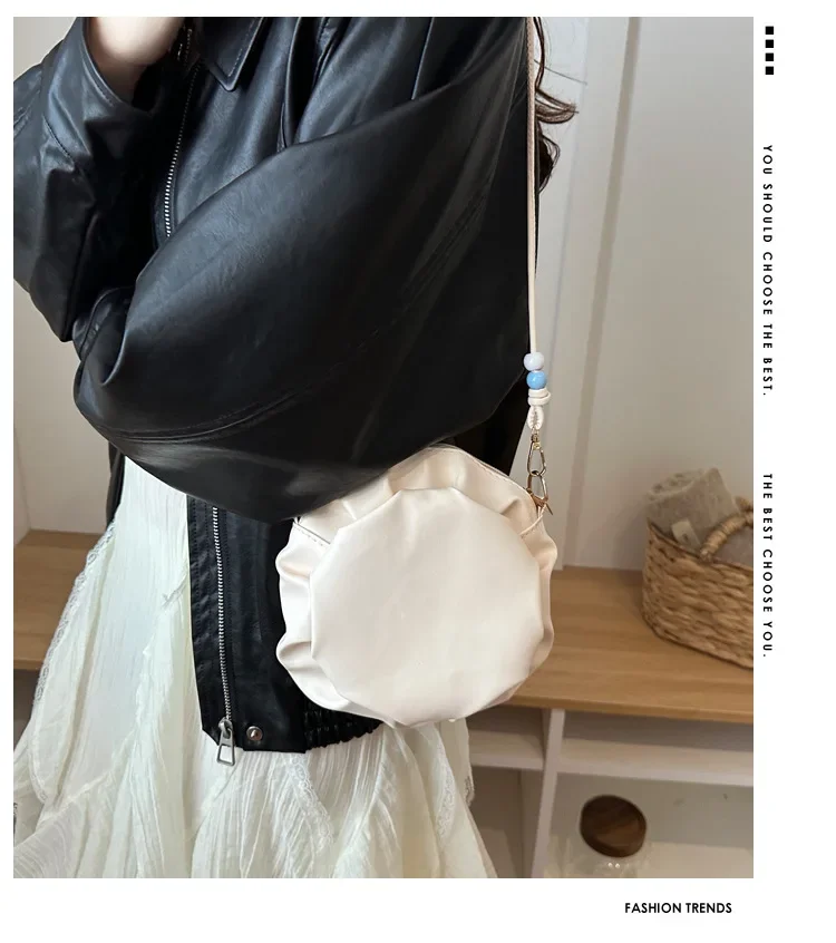 Damentasche, neue trendige High-End-Ketten-Umhängetasche, süße Mädchen-Plissee-Kleinerunde-Tasche – Detail 1