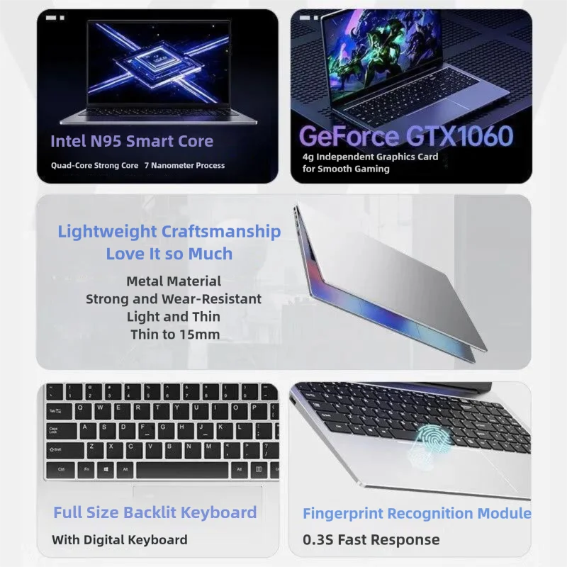 كمبيوتر محمول رفيع للألعاب مقاس 15.6 بوصة Intel N95 GTX1060 مزود بإضاءة خلفية ولوحة المفاتيح وأجهزة الكمبيوتر المحمولة وأجهزة الكمبيوتر المحمول التي تعمل بنظام التشغيل Windows 11 صفقات رخيصة الثمن #6