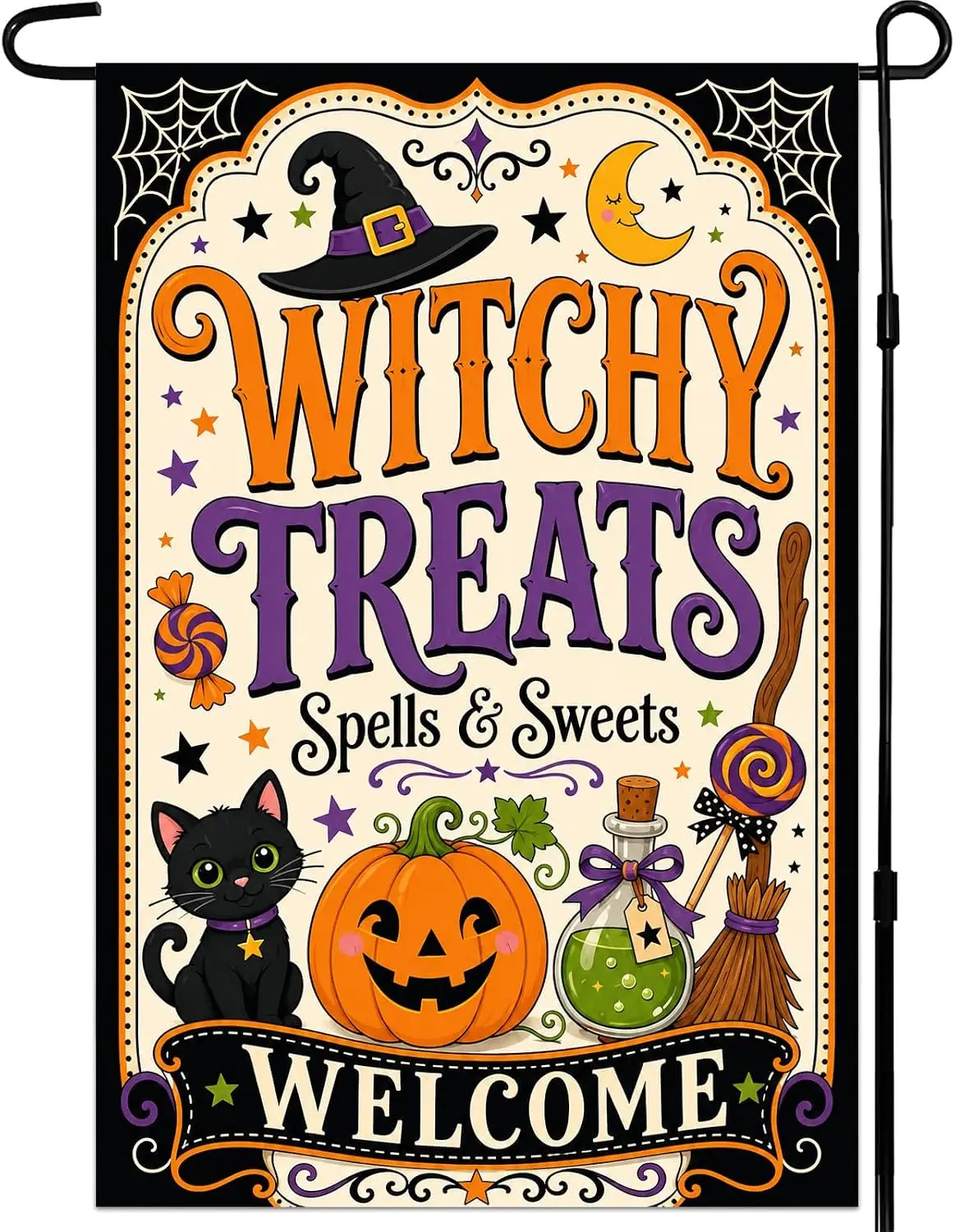 Halloween Garden Flag 12 x 18 Inch, Black Cat Pumpkin, Witchy Treats jaa