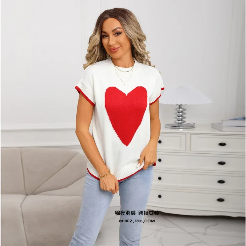 

Autumn and Winter Round Neck Pullover Vest with Knitted Sweater Vest Short-sleeved Love Sweater for Women