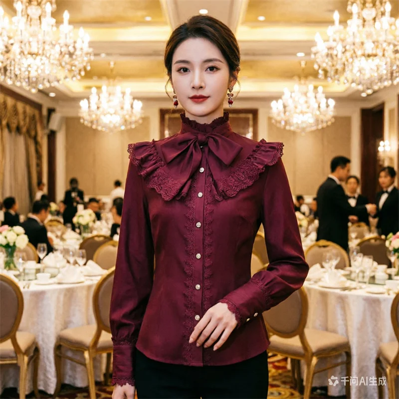 

Ladies'wine Red Lace Shirt,Victorian Retro High-neck Top,perfect for Halloween Banquets and Stage Performances As An Inner Layer