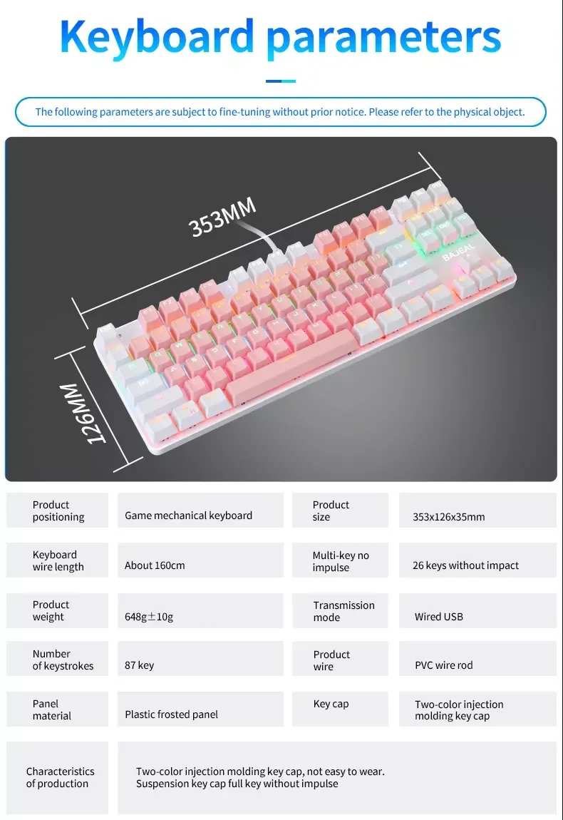 New Arrival K100 Mechanical 87 Keys Keyboard RGB Backlit White+ Pink Gaming Keyboard for Sales