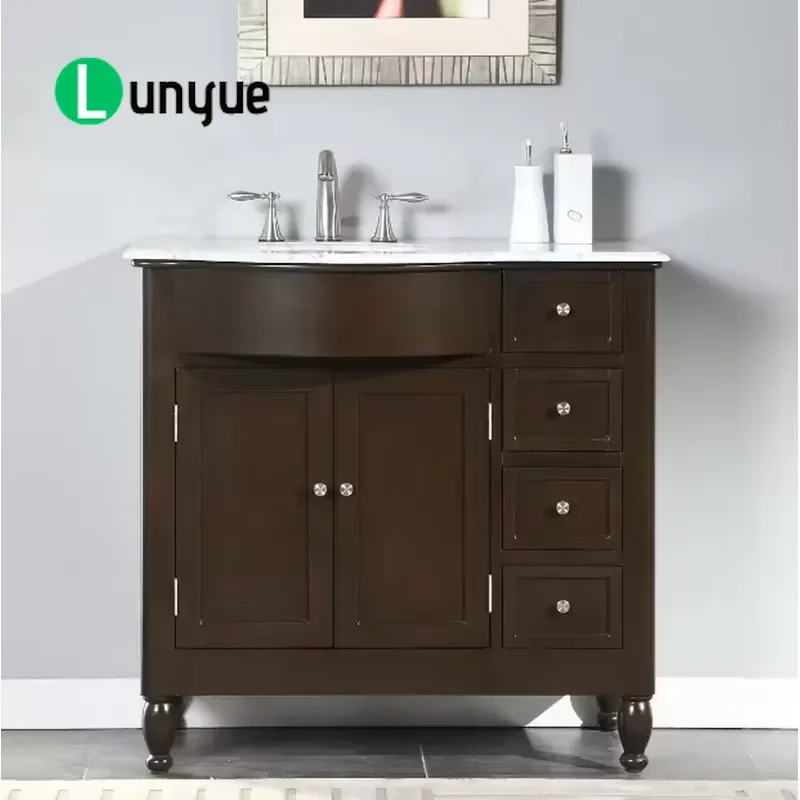 Custom Modern Luxury Dark Walnut MDF Floor to Ceiling Bathroom Cabinet Vanity with White Basin Durable Easy to Clean for Home