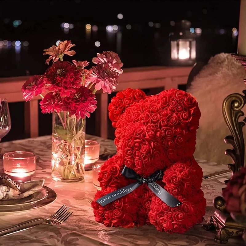 Valentine Gifts Decoration Rose Bear Artificial Flower With Box Lights Teddy Bear For Women Girlfriend Birthday Gift Love Flower