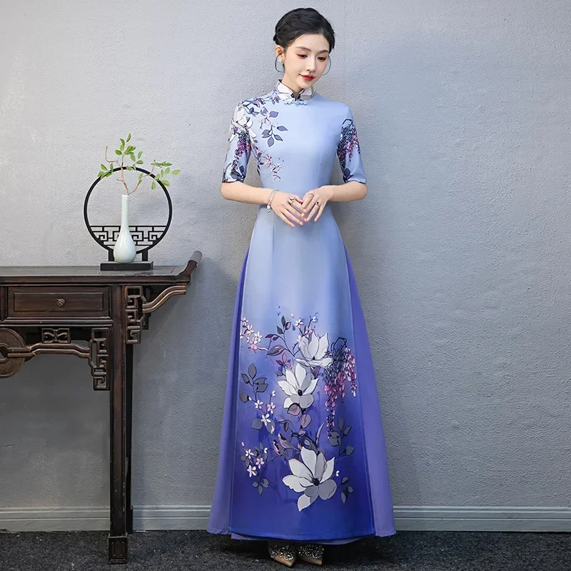

Элегантное платье трапециевидной формы Aodai Qipao в китайском стиле, синее, фиолетовое, Cheongsam, длинное платье, сценический костюм, Vestidos Banquet