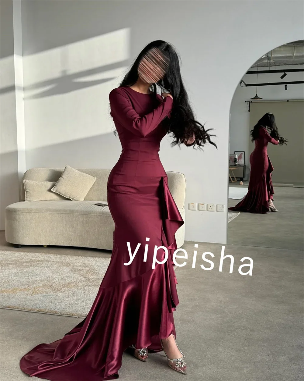 Simple Jersey Feather Ruched A-line O-Neck Long Dresses Prom Dresses Retro Fashion Elegant Exquisite High Quality Sexy Sparkle