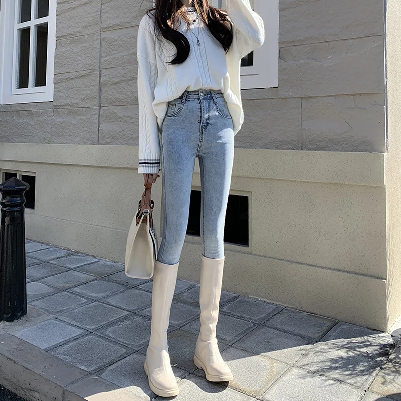 

Spring High Waist Skinny Jeans Women plus Size Trendy Light Blue Cotton Stretch Denim Pencil Pants Length Nine Points