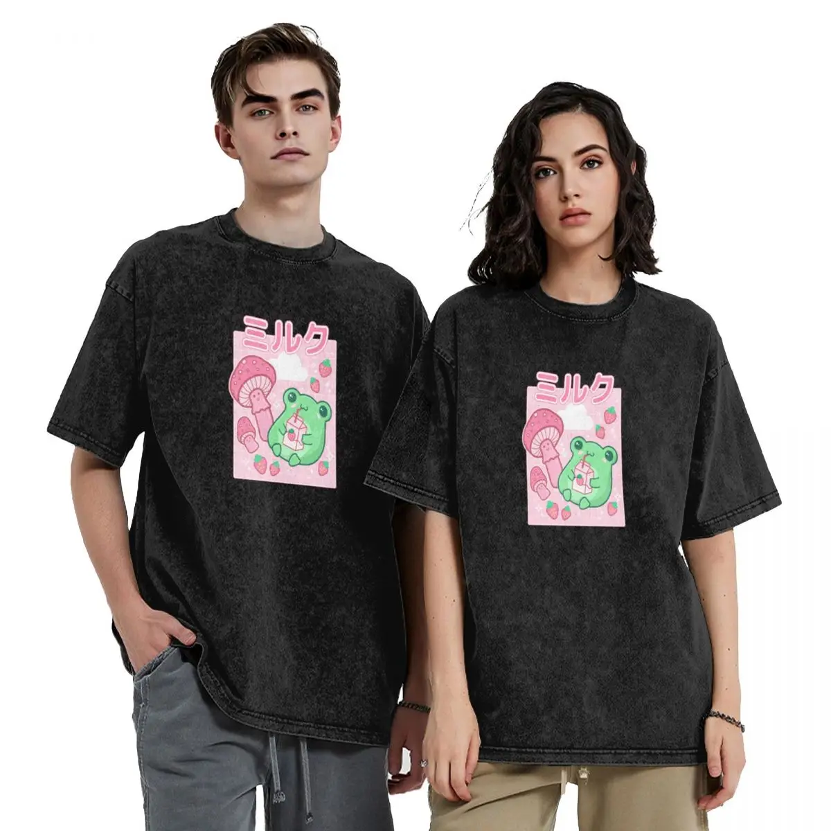 

Cute Cottagecore Frog with Strawberries in Retro 90s Kawaii Aesthetic: A Japanese Y2K Style Pink Fungi and Bubble Milk F T-Shirt