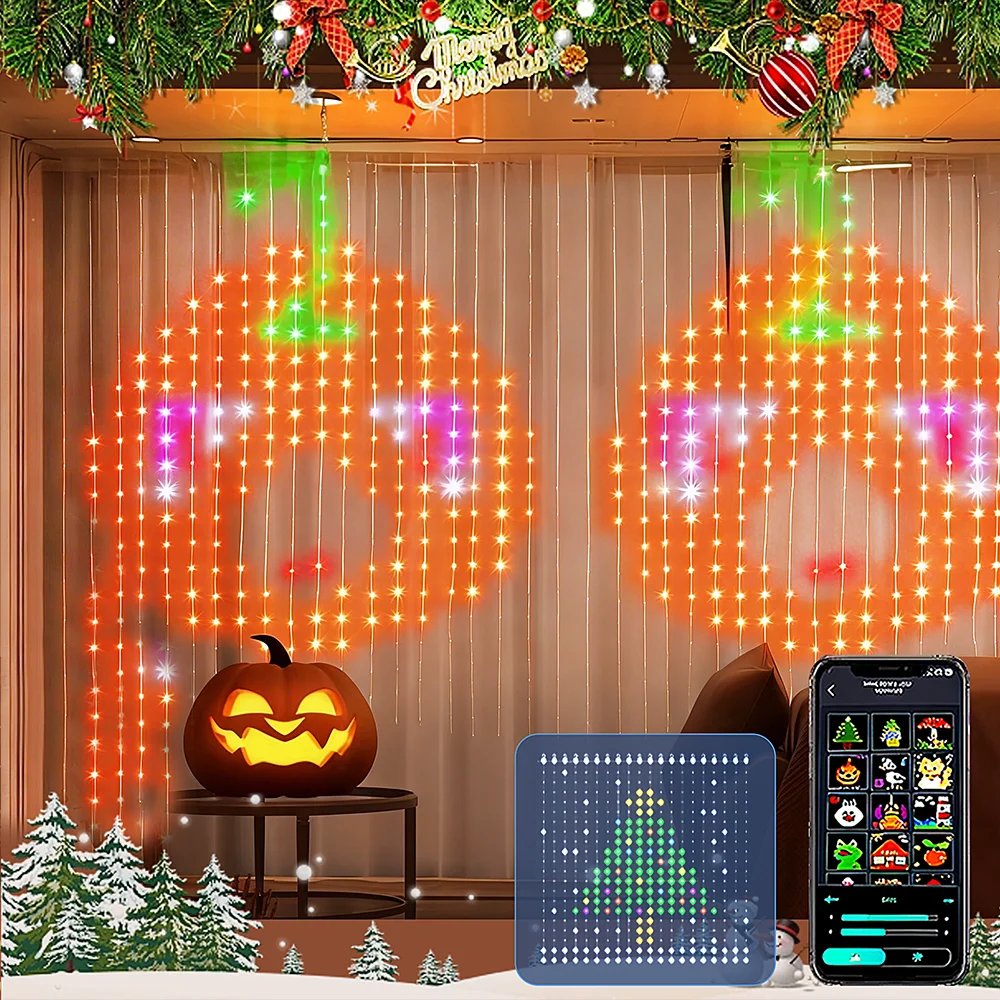 APP التحكم عن بعد النص نمط المشهد Led سلسلة أضواء عيد الميلاد الزفاف عطلة 400 LED RGB DIY الذكية الستار جارلاند الخفيفة.