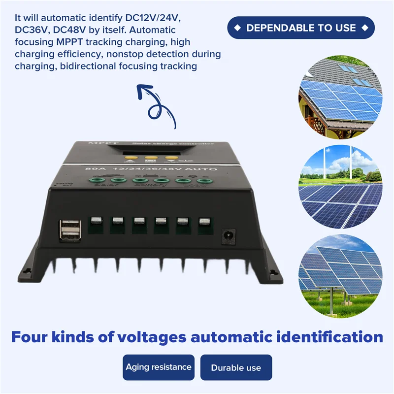 ABSE-80A MPPT/PWM 12V/24V/36V/48V Solar Charge Controller Auto Controller Tools Solar PV Battery Charger With LCD & Dual USB