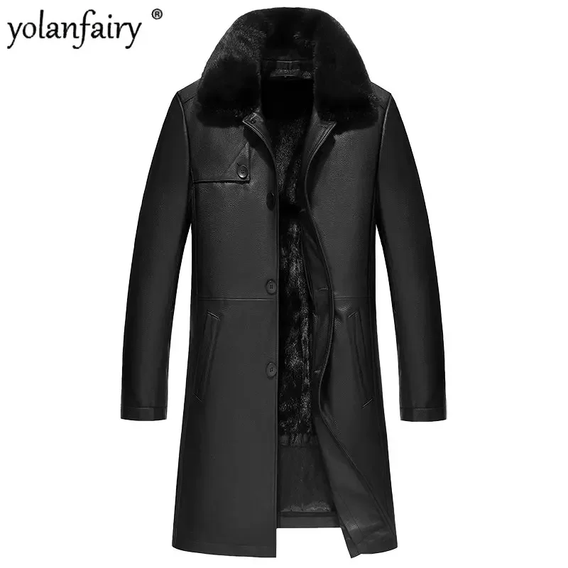 YOLANFAIRY Genuine Leather Real Fur Coats Men Clothes Goatskin Detachable Mink Fur Collar Inner Jackets Mid-Length Coat Winter