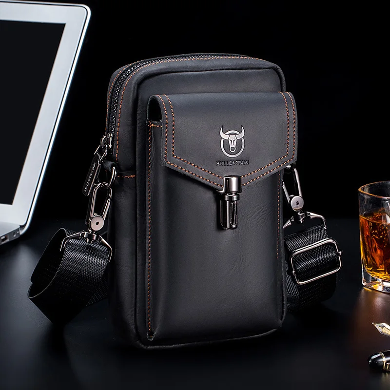 2023 100% Crazy Horse Leather Male Waist Pack Phone Pouch Bags Waist Bag Men's Small Chest Shoulder Belt Bag Back Pack YB076