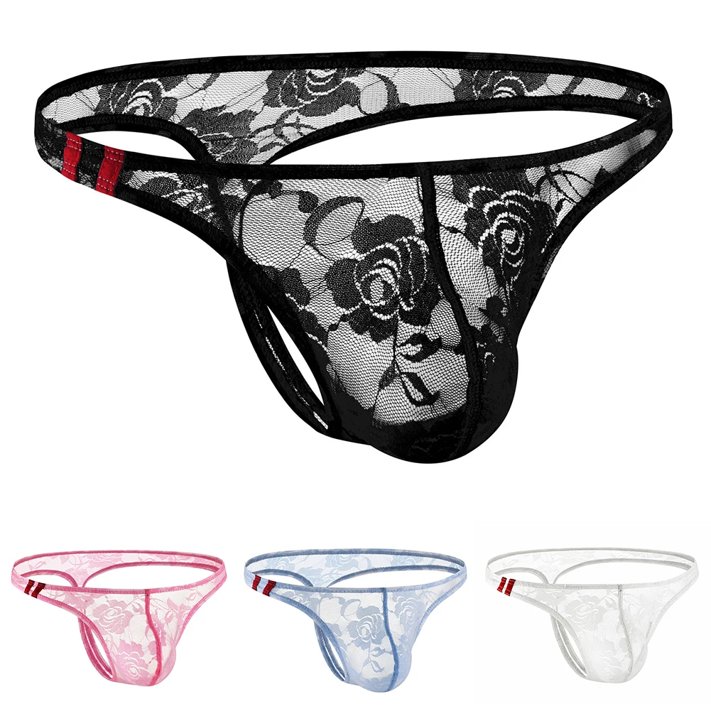 

Mens Fashion Floral Pattern Lace Underwear See Through T-back Briefs Pouch Thong Intimates Stretch Bikini G-String