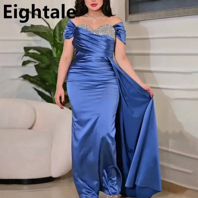 

Eightale 2024 Blue Mermaid Evening Dress For Wedding Party Back Slit Beaded Formal Arabic Prom Dress Dubai Party Gown