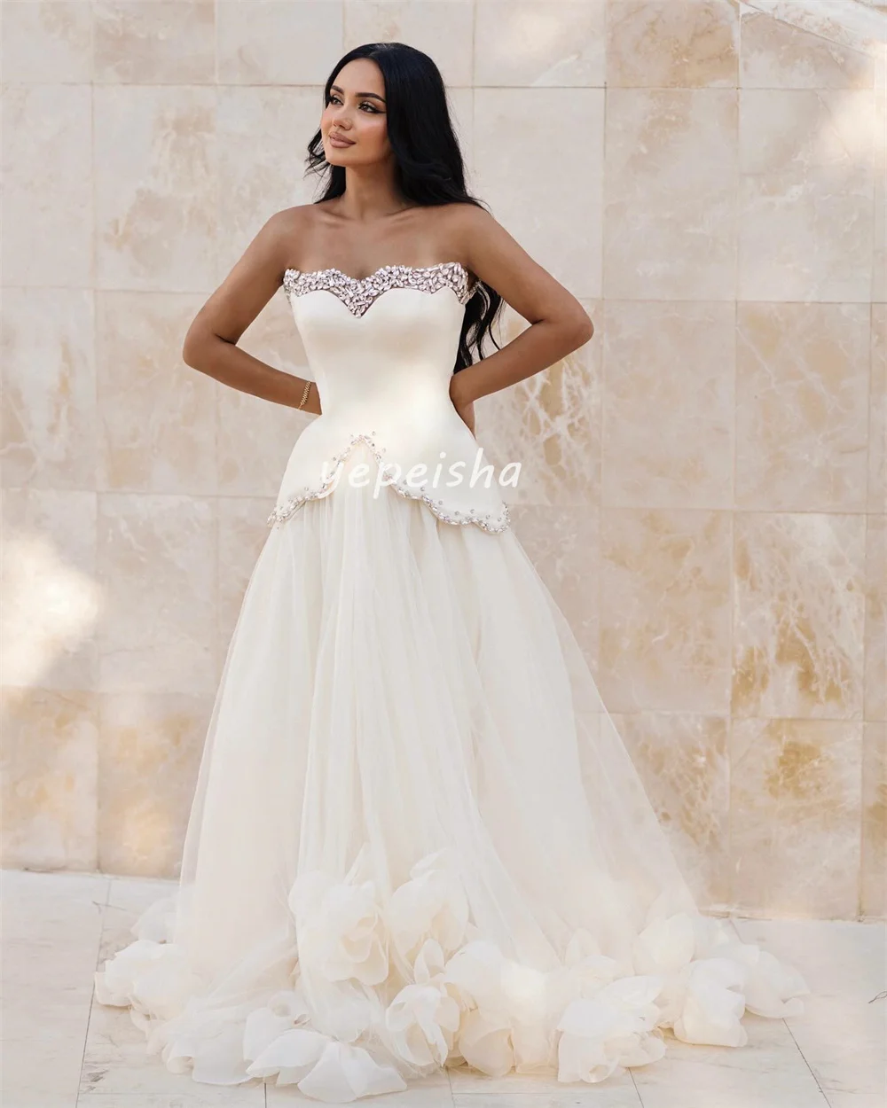 Customized Sparkle Intricate Tulle Rhinestone Pleat A-line Strapless Long Dresses Bespoke Occasion Dresses Sizes Available Retro